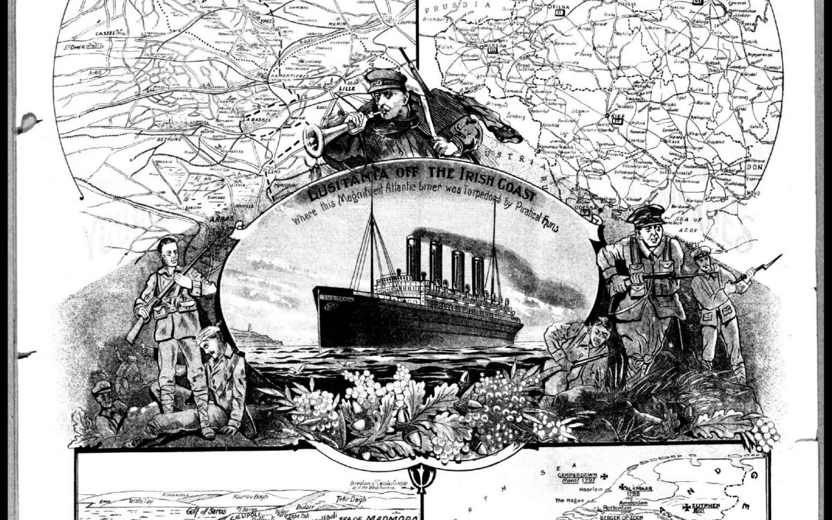 A newspaper front page titled 'The Daily Telegraph, Launceston, Tasmania'. It shows a steamer ship in the middle of the page flanked by soldiers with guns, and two maps above it and below. The top two maps show the Western and Eastern fronts, and the two maps at the bottom show the Dardanelles, and 'Ancient battlefields'.