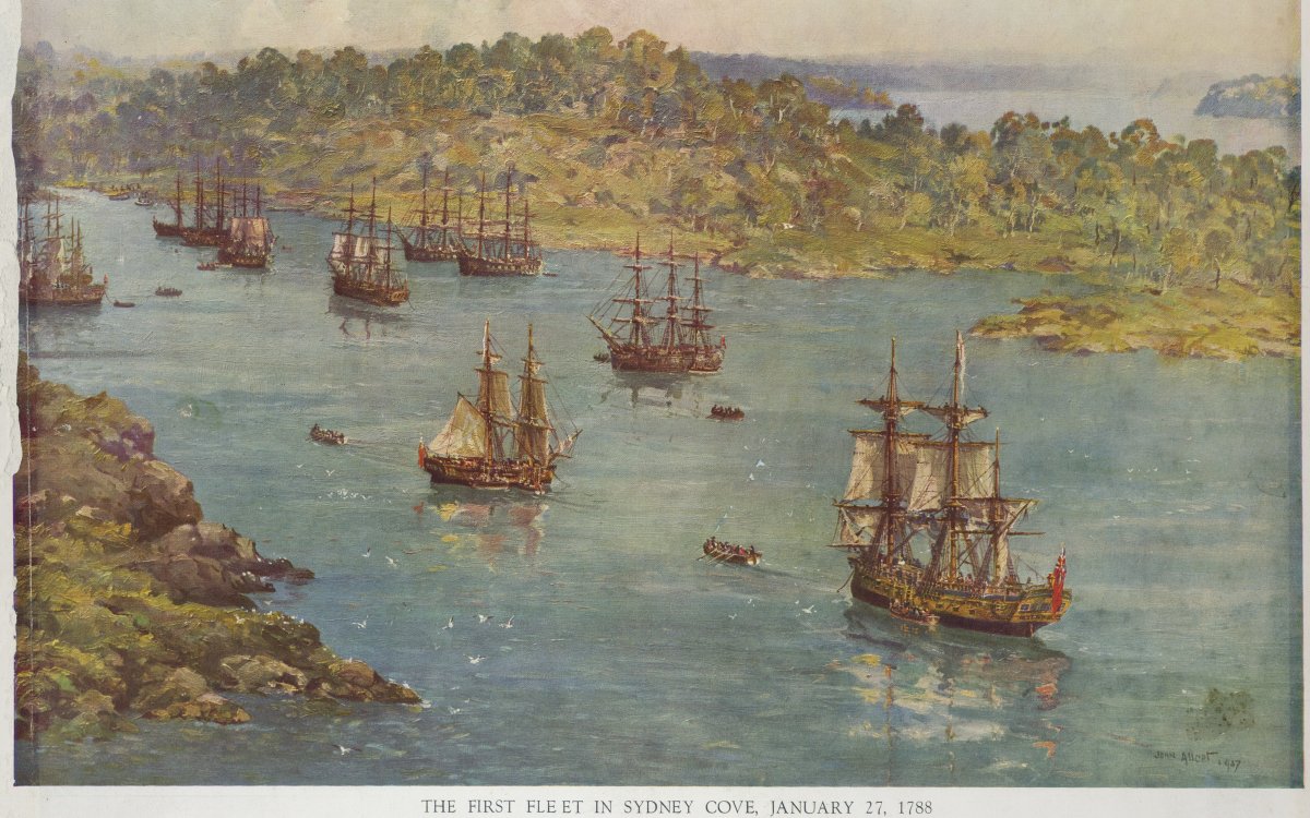 Reproduction of an oil painting showing 9 sailing ships making their way into Sydney Cove. Below the image is text that reads "The First Fleet in Sydney Cove, January 22, 1788" Underneath this headline is a blurb describing an account of the arrival and a description of the image