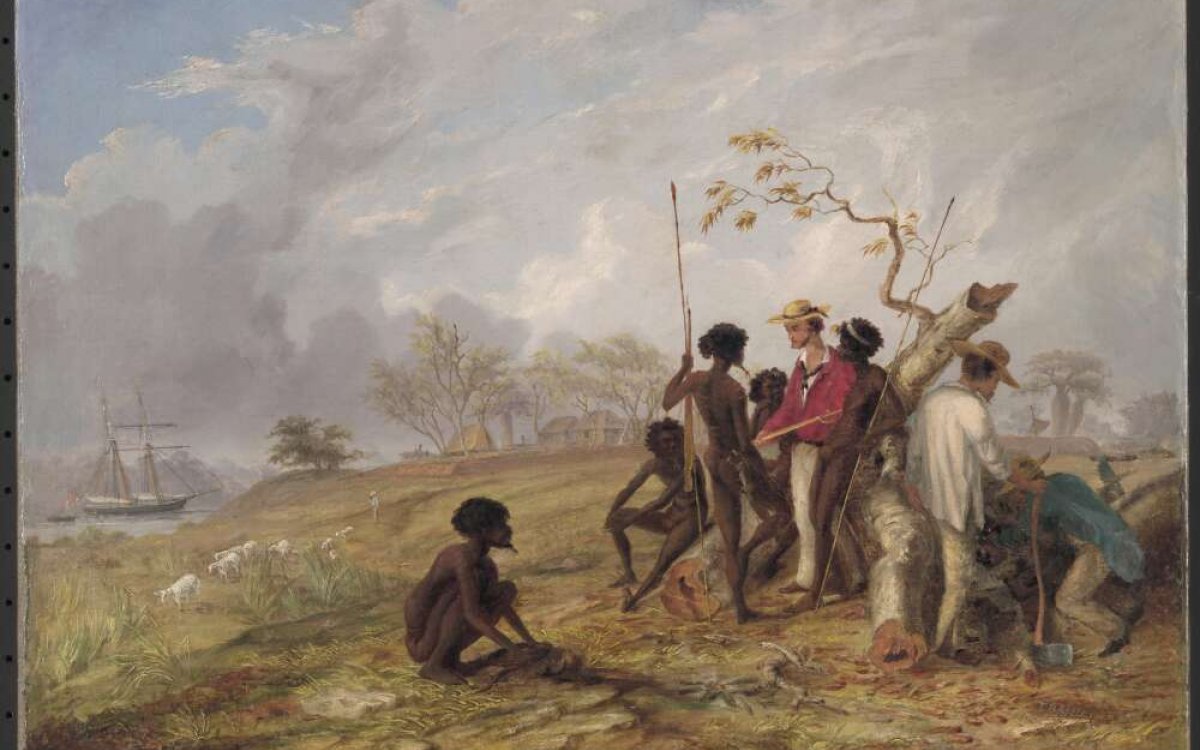 Painting of a scene showing a group of people sitting and standing around a felled tree. Five of the men appear to be Indigenous Australians. Three are standing, one leaning on a spear. The other two are seated. Three other men stand near the tree as well. One is in conversation with the man leaning on the spear. The other two are doing something behind the tree, one has an axe. Their faces are are not shown to the viewer. A tall European sailing ship can be seen int he distance.