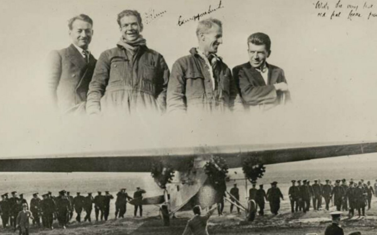 Composite photograph with portraits of James Warner, Charles Ulm, Charles Kingsford Smith and Harry Lyon, superimposed over image of the Southern Cross Fokker monoplane surrounded by crowd of people